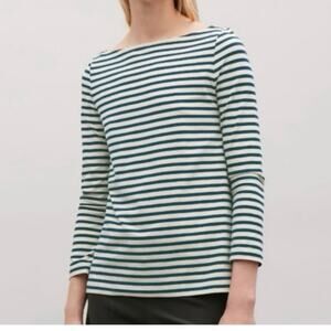 COS long sleeved green white boat neck top Medium coastal closet staple